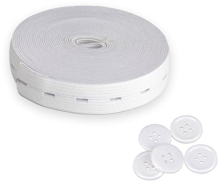 QUIIEOSKIA 1 Rolle elastischer Gummiband, 19 mm x 5 m nähen Gummiband, Knopf, Schlauchrippen, geflochtene 5 Knöpfe mit 5 Tasten (Weiß)