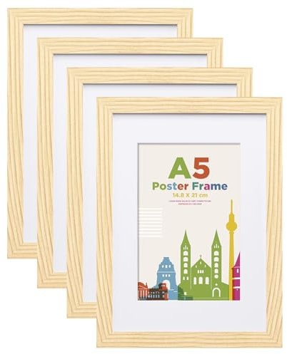Egofine Bilderrahmen A5, Holzrahmen mit Acrylglas, MDF-Rahmen 4er-Set,Passepartout für Fotos 10x15 cm, Zertifikatsrahmen für Tisch- und Wandmontage, 14.8 x 21 cm Posterrahmen für Portrait,Natur