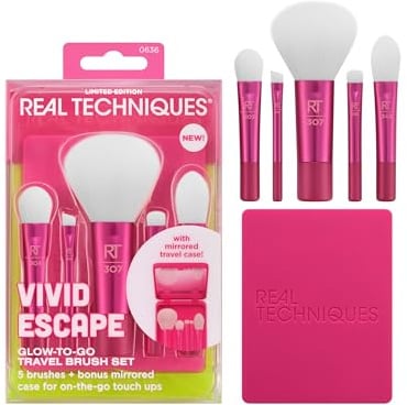 Real Techniques Vivid Escape Glow-To-Go Travel Makeup Brush 6 Piece Set, Mini Size Makeup Brushes For Eyeshadow, Concealer, Contour, & Blush, Includes Mirror Cosmetic Case, Cruelty-Free & Vegan