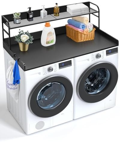 VEVOR Arbeitsplatte für Waschmaschine und Trockner mit 2-stufigem Regal (1370 x 700 x 419 mm) Trommelregal mit Anti-Rutsch-Pads, Wasserabweisende Wäscheauflage für Aufbewahrung schwarz
