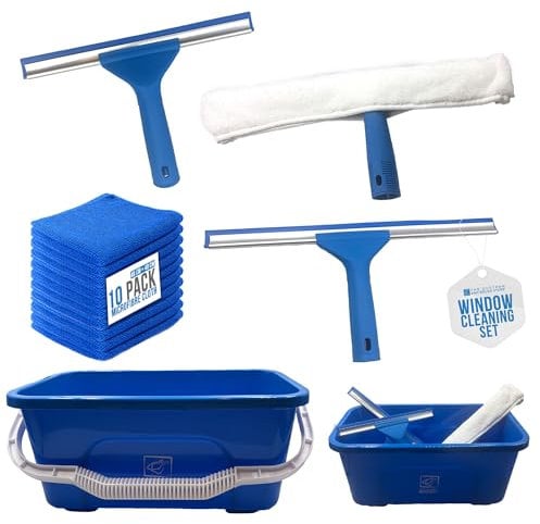 Window Cleaning Equipment Bundle - 42cm Large Window Cleaner Bucket, Microfibre Washer with Handle, Large and Small Window Squeegee with Rubber Lip, Free 10 Microfibre Cloths