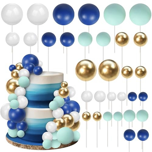 30 Pack Mini Balloon Cake Topper Colorful Blue Balls Cake Pick Decorations Mix Size Faux Balls DIY Cake Insert Decorations for Baby Shower Wedding Bridal Shower Birthday Party Cake Decorations