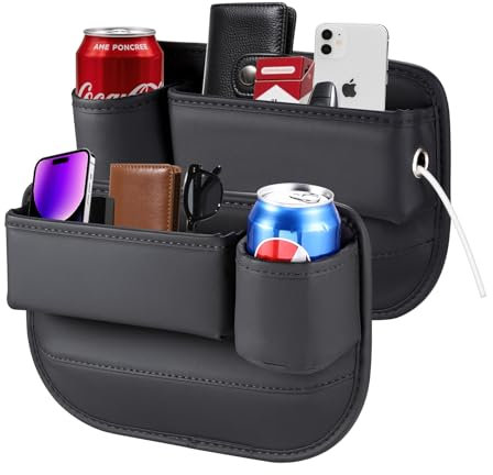 2 Packs Car Seat Gap Filler Organizer, Car Seat Organizer, Seat Gap Storage Box with Cup Holders for Drink, Car Leather Cup Holder Gap Bag Front Seat for Phone, Sunglasses,Keys(Left+Right Side)