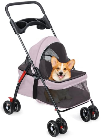 Hundewagen für Kleine Hunde ，4-Rad-Hundebuggy mit Schultergurten,Hundebuggy bis 10kg，Faltbarer Haustier-Reisewagen mit Getränkehalter und Aufbewahrungstasche (pink)
