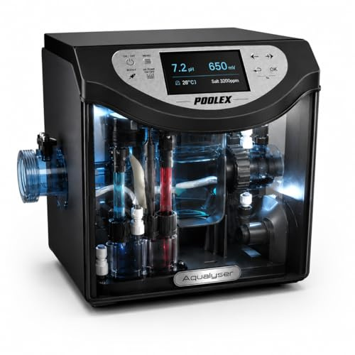poolomio® Chlorinator Aqualyser für Pools bis 80m³ – App, pH-/Redox-Sensor | Selbstreinigende Salz-Dosieranlage zur Chlorgenerierung & Pooldesinfektion, reguliert automatisch, chemiefreie Pflege, sicher