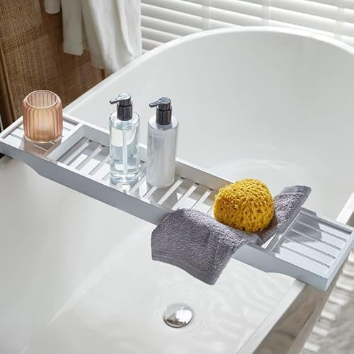 FAHAAM Wooden Over Bath Rack, Bath Shelf Bathroom Accessory, Bamboo Bathtub Caddytray Bridge, Bamboo Bathrack, Expandable Bath Caddy Tray, Wood Bath Tub Rack, Bathroom Shelf, Tray Storage. (Grey)