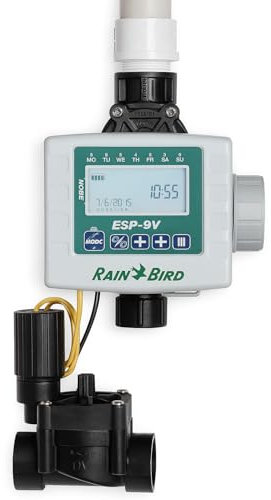 Programador de Riego Rain Bird ESP-9V + Válvula DV 1” H– 1 Zona – A Pilas, IP68, con Pantalla LCD – Instalación en Arqueta – Ideal para Zonas Sin Corriente