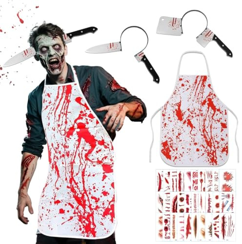 Disfraz de Carnicero de Halloween, Delantal Sangriento con Diadema Cuchillo Halloween, Cicatrices Tatuajes Temporales, Disfraz de Hallowee-n Sangriento, Accesorios para Fiesta de Hallowee-n Carnaval