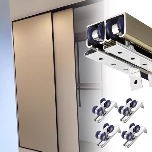 Riel personalizable para puerta corredera de 140 cm con herrajes para puertas de armario y bolsillo de granero, solución ideal para divisor de habitación y armario (acabado champán)