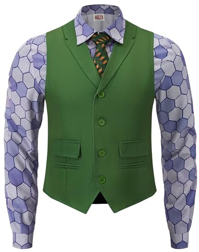 Mainfini 3-teiliges Herren Dunkler Clown Kostüm Halloween Bösewicht Outfit | Lila Hemd, Grüne Weste und Krawatte, Komplettes Oberteil Set für Erwachsene für Cosplay Partys und Karneval