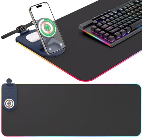 2025 Upgrade Gaming Mauspad RGB, 800 * 300 * 4mm LED Wireless Charging Mouse, 15W Kabelloser Schnellladung,15 Farben LED-Licht, Mousepad für Ql Wireless Standard Handys/Mäuse/Uhren