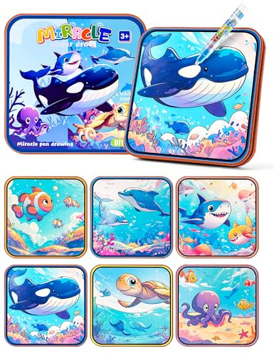 Prism Petal Sea Fish Océan réutilisable Livre de Peinture à l'eau Jouets pour Les Enfants, Livres d'aquarelle Magique Jouet de Voyage éducatif avec Stylo à Eau Conte de fées