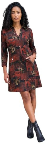 Roman Originals Patchwork Print Shift Dress for Women UK - Ladies Everyday Autumn Winter Collar V-Neckline Comfy Soft Evening Vacation Work Party Night Out