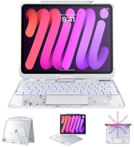 Tiaota Clear Case with Keyboard for mini 7 A17 Pro(2024) & Mini 6 (2021) 8.3, 360°+180° Rotating iPad Keyboard, LCD Display, Pencil Holder, 7-Color Backlit, Multi-Touch Trackpad,White