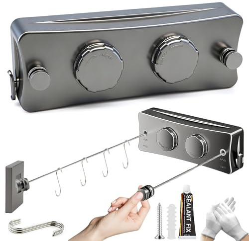 Eudomis Wäscheleine Ausziehbar 2 x 5.1M Edelstahlseil,20 kg Tragkraft, einziehbare Wäscheleine ohne Bohren,Wandmontierte Einziehbare Wäscheleine für Balkon, Waschküche, Hotel, Badezimmer, Schlafzimmer