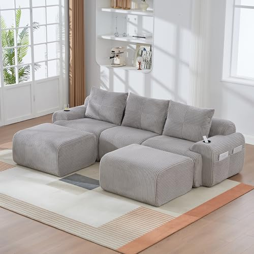 A ALFRESCOOL Wohnlandschaft U Form, Modulares Sofa, Boneless Couch mit 2 Hockern, Cordstoff, mit Getränkehalter & Seitlicher Aufbewahrungstasche, für Wohnzimmer, Büro, 268×174×80cm (Hellgrau)