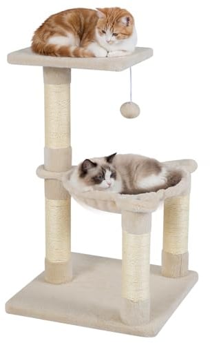 COSTWAY Kratzbaum Klein, Katzenbaum mit gemütlicher Hängematte, Plattform, Ball & Kratzsäulen, Katzenkratzbaum Holz, Katzen Katzenmöbel Kletterbaum, Spielbaum Aktivitätsbaum, 40x40x64cm (Beige)