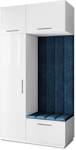 Masseno Flugarderoben Set Rema, Kleiderschrank-Set mit Sitzbank, Garderobenschrank Flur mit 5 Regalböden, Weiß