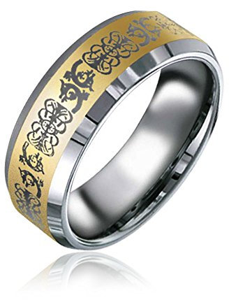 Bling Jewelry Personalisieren Unisex Paare Zweifarbiger Keltischer Knoten Drache Silber Gold Töne Titan Eheringe Für Männer Frauen Komfort Passform 8MM Breit Anpassbar