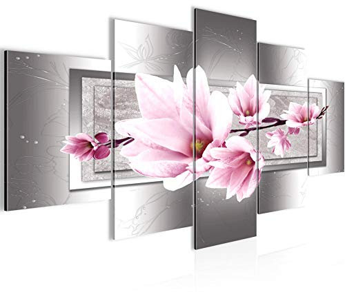 Runa Art - Tableau Fleurs Magnolia 200 x 100 cm 5 Parties XXL Decoration Murale Dessin Rose Gris 205751b