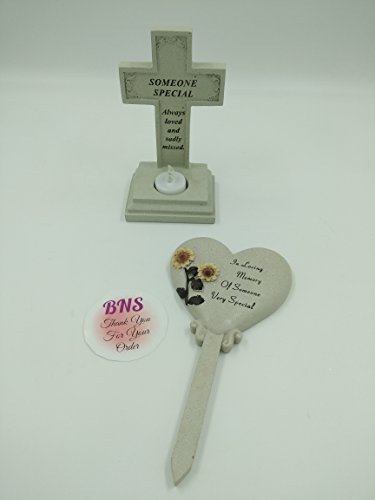 David Fischhoff Someone special memorial cross tealight holder and garden/grave heart stake bundle …