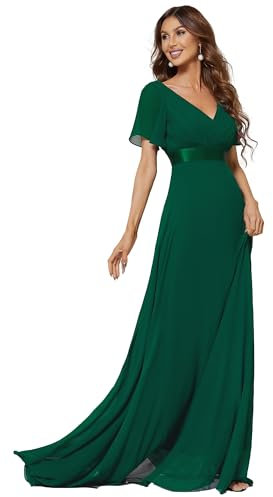 Ever-Pretty Women's Double V Neck with Short Sleeve A Line Empire Chiffon Long Bridesmaid Dresses Dark Green 24UK