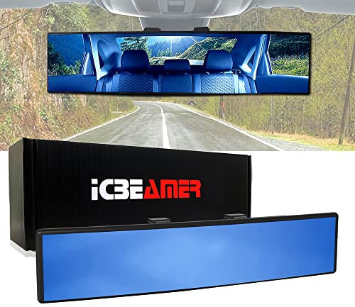 ICBEAMER 11.8 300mm Easy Clip on Universal Fit Wide Angle Panoramic Auto Interior Rearview Mirror Flat Blue Surface