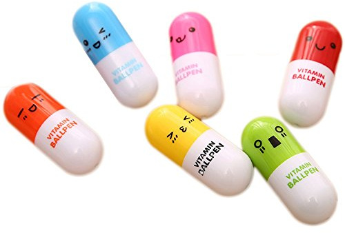 Ogquaton Stylo à bille rétractable, 6Pcs Mignon Sourire Visage Pilule À Bille Stylo Télescopique Pill Capsule Stylo pour Enfants Durable et Pratique