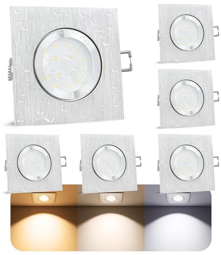SSC-LUXon QW-2 LED Einbaustrahler 6x eckig Alu dimmbar 6W 3 Lichtfarben | Dimmbare Badspots im 6er Set eckig spritzwassergeschützt IP44 - warmweiß, neutralweiß & tageslicht wählbar, nur 30mm tief