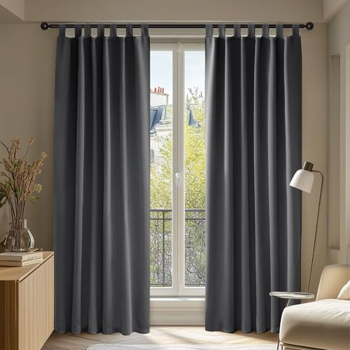 Deconovo Vorhang Verdunkelung Thermo Vorhänge Lärmschutz mit Schlaufen, 210x140 cm(HöhexBreite), Dunkelgrau, 2er Set