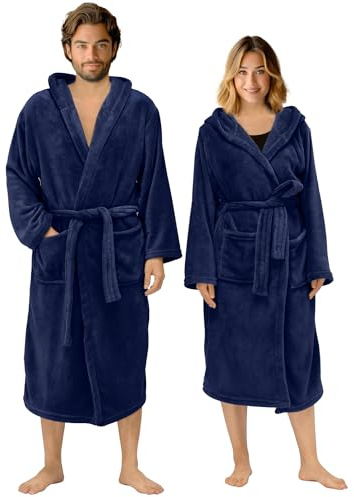 HOMELEVEL Robe de chambre - Peignoir d'intérieur long en polaire microfibre avec capuche poches ceinture - Peignoir de bain homme femme été hiver