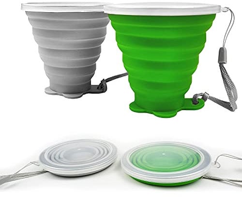 ddLUCK Faltbare Silikon-Becher, 2 Stück, BPA-frei, faltbare Reisebecher, faltbare Silikon-Becher mit Kunststoff-Deckel, wiederverwendbar, tragbares Tassen-Set für Picknick, Camping, Wandern, Reisen