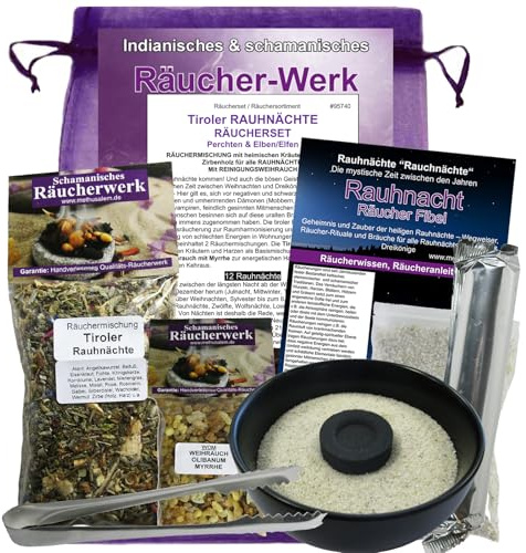 RAUHNÄCHTE räuchern 10-TLG Räucherset Tiroler RAUHNACHT Räucherzange Räucherschale, WEIHRAUCH, MYRRHE, ZUBEHÖR für 12 Nächte & DREIKÖNIGE, mit Täschchen (Geschenksäckchen) 95740-SZWOM