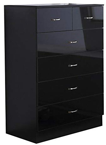 FWStyle Modern 6 Drawer Chest High Black Gloss Bedroom Storage Furniture Large Deep Drawers. Matt Black Frame