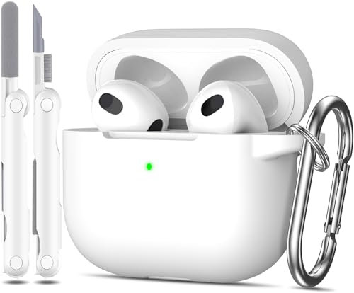 MHYALUDO AirPods 3rd Generation Case Cover 2021, Military Grade Anti-Fall Soft Silicone Shock-Absorbing Protective AirPods 3 Case Skin with Keychain and Cleaning kit, Front LED Visible, White