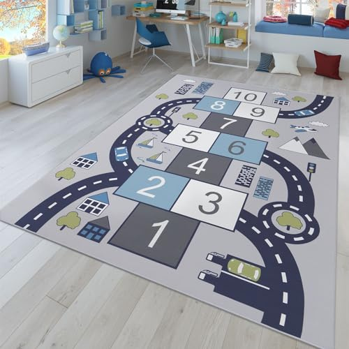 TT Home Kinder-Teppich, Spiel-Teppich Für Kinderzimmer, Hüpfkästchen und Straßen, Grau, Größe:160x220 cm