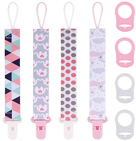 8 Pcs Dummy Clips Girls with Adapters, Silicone Button Ring Pacifier Holder Leashes Adapters Fits All Pacifiers for Baby Teething Toys Baby Shower