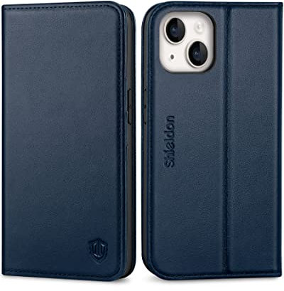 SHIELDON Wallet Case for iPhone 14 5G, Protective Genuine Leather Flip Case with [RFID Blocking][Card Slots][Kickstand][Magnetic][TPU Shell] Folio Cover Compatible with iPhone 14 6.1 2022, Navy Blue