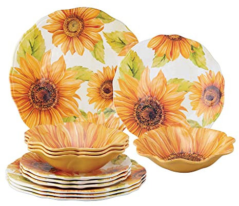 UP ware - Set di stoviglie da 12 pezzi in melamina con girasole, set di piatti da esterno, set di piatti e ciotole, servizio per 4, giallo