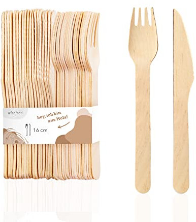 wisefood Einwegbesteck aus Birkenholz, Holzbesteck, 200 Stück Einmal Besteck 16cm, biologisch abbaubar, stabil, umweltfreundlich
