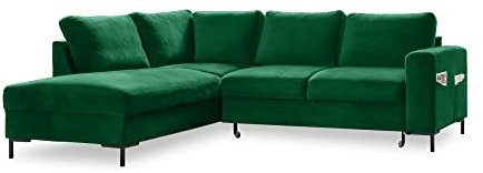 MIUFORM Ecksofa mit Schlaffunktion, Lofty Lilly Wohnlandschaft L-Form, Couch L Form Wohnladschaft mit Schlaffunktion Schlafcouch, Samt-Stoff Metallfüße (Flaschengrün Links ausgerichtet)
