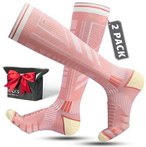 Rahhint 2 Paar Skisocken aus Merinowolle für Herren, Damen und Jugendliche, Kompressions-Snowboardsocken, Kniehohe, Dicke Thermosocken für Kaltes Wetter, Atmungsaktiv, Schnell Trocknend, Größe 35-51