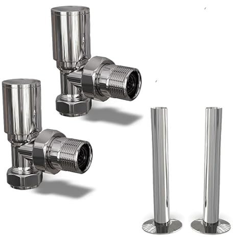 UK Radiators Round Chrome Radiator Valves and Pipe Covers - Chrome Polished Finish - Classy and Modern Design 1/2 x 15mm Angled Radiator Valves - Pair of Valves with 130mm Pipe Covers
