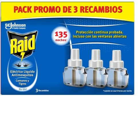Raid ® Eléctrico Líquido 135 Noches - Recambios Anti Mosquitos comunes y Tigre - 3 recambios de 45 Noches, El embalaje puede variar