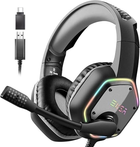 EKSA E1000 USB Gaming Headset für PC - Over Ear Headphones mit Mikrofon, Nosie Cancelling Mic, 7.1 Surround Sound, RGB Beleuchtung USB-C Gaming Kopfhörer mit Kabel für PS4/PS5 Konsole, Mac, Laptop