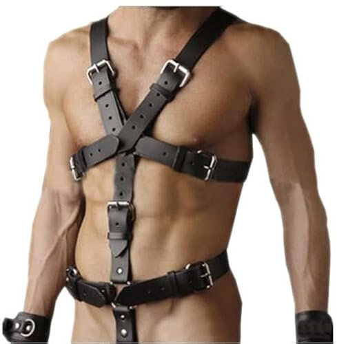 BDSMYOU Herren Punk Body Brust Harness Leder Geschirr mit Handschellen & Penisring, Gothic Kleidung Bandage Kostüme Sexy Sklave Clubwear, Sexspielzeug für Paare Extrem Sex