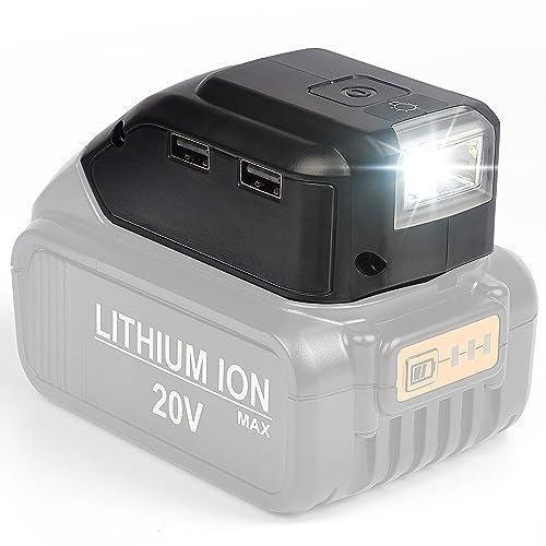 DCB090 12V/20V Max USB Power Source for DEWALT USB Charger Adaptor with DC Port & LED Work Light for Dewalt 12V 14.4V 18V 20V Lithium Battery DCB120, DCB121, DCB140, DCB18,DCB203,DCB200