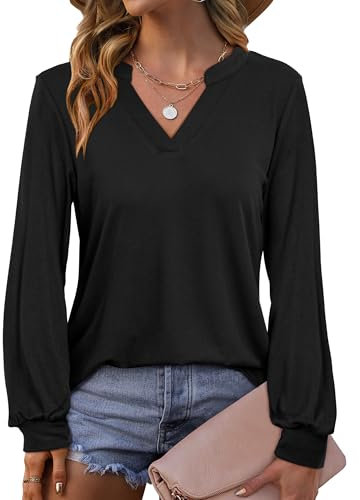 Beluring Longshirt Damen Langarm Oberteile Elegant V-Ausschnitt T Shirt Winter Basic Shirt Schwarz S