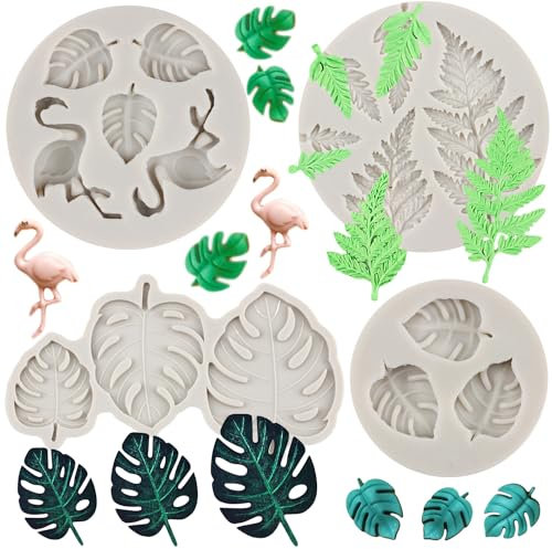 MYPRACS 4 Stück Flamingo Tropisches Blatt Silikonform Farn Monstera Blätter Fondant Formen für Cupcake Topper Kuchen Dekorieren Schokolade Harz Polymer Ton