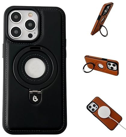 Luxurious Leather Invisible Stand Case for iPhone 15 14 13 12 Pro Max, Leak Label Magnetic Bracket Phone Case, Shockproof Scratch-Resistant Wear Resistant Case. (Black, for iPhone 15 Plus)